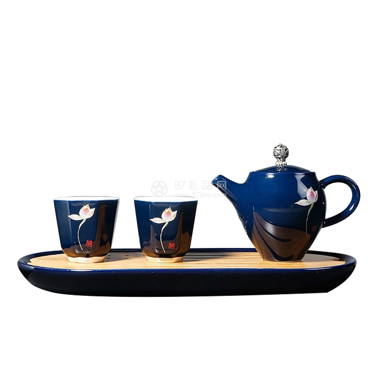 一壶四杯 霁蓝釉旅行茶具 功夫茶具套装
