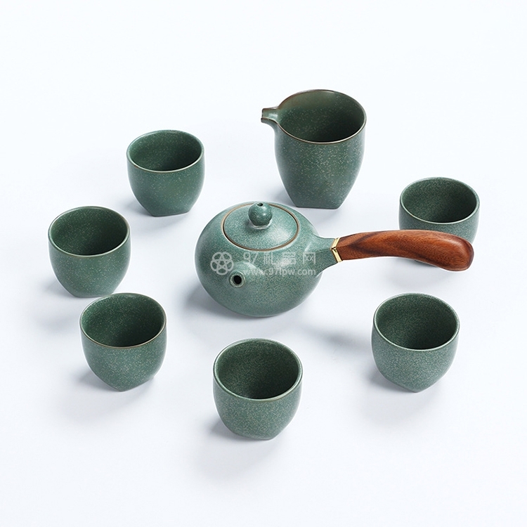 高档窑变侧把壶茶具套装工厂批发定制 实木手柄陶器茶具随手礼
