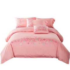 纯棉床上用品刺绣花田园粉色被套件 全棉贡缎四件套