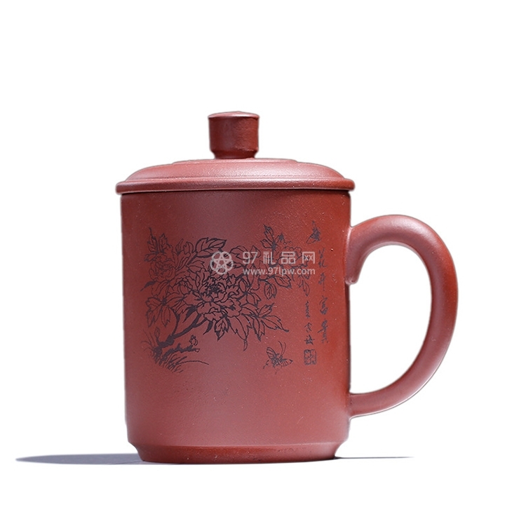 紫砂盖杯原矿牡丹刻绘花开富贵杯子