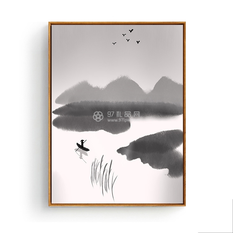 新中式装饰画客厅玄关墙画意境山水画水墨风景挂画三联布艺壁画竖logo定制