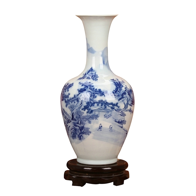 青花山水美人尖花瓶 家居客厅装饰工艺品插花摆件设logo 定制