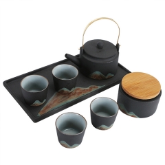 日式粗陶茶具套装一壶四杯带罐干泡茶盘